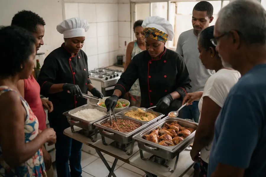 Equipe negra de uniforme e luvas pretas serve um buffet simples numa sala, com travessas de arroz, feijão tropeiro, frango e farofa