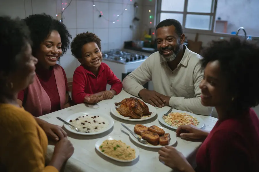 Família negra reunida à mesa de uma ceia simples, com frango assado, arroz, farofa e salpicão