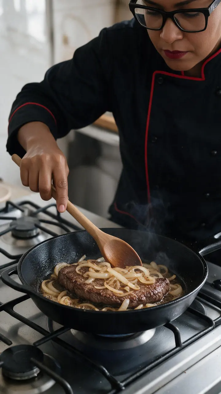 Cozinheira negra de uniforme vira um bife com cebola numa frigideira de ferro no fogão