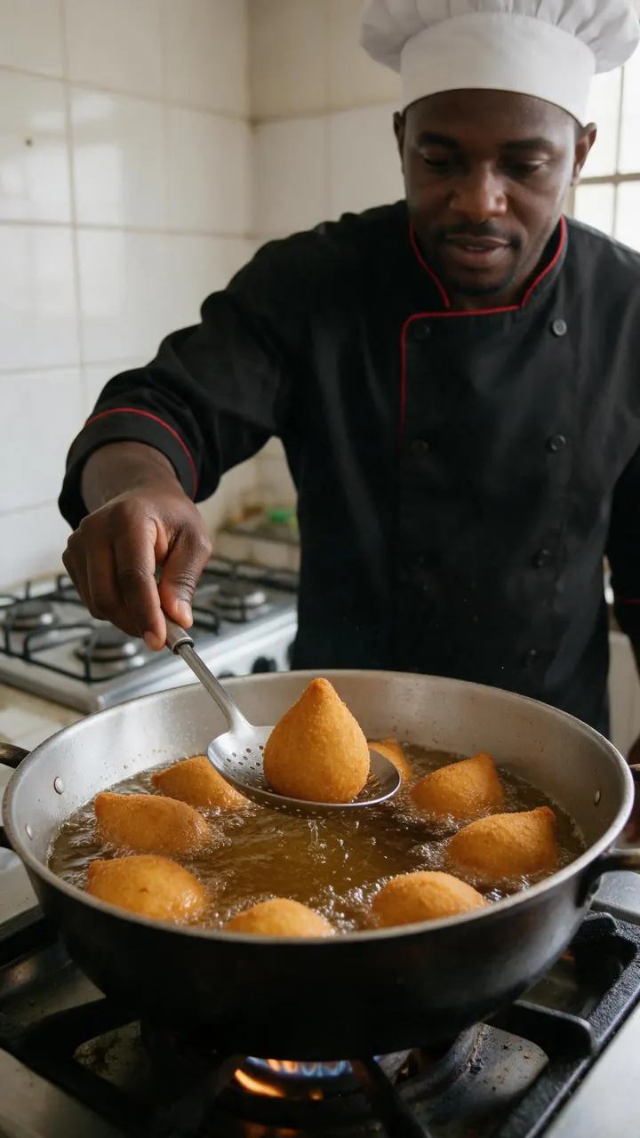 Cozinheiro negro de uniforme levanta uma coxinha dourada do óleo com uma escumadeira