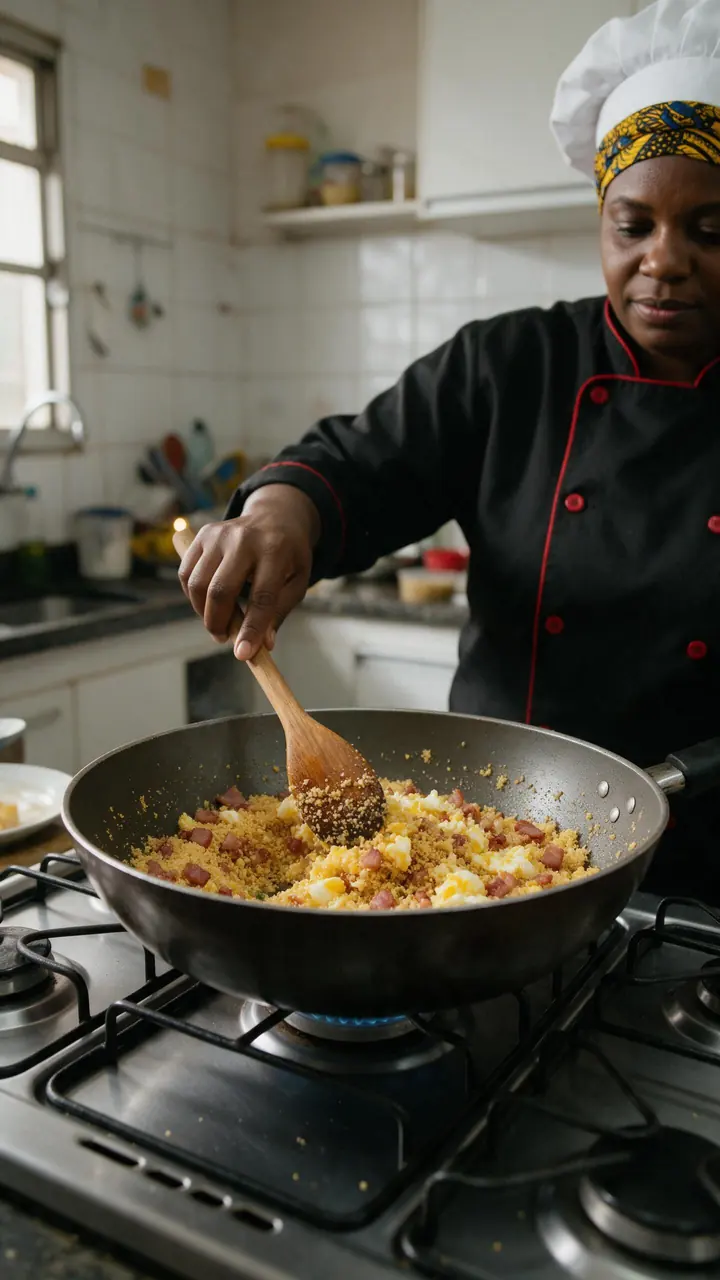 Cozinheira negra de uniforme mexe farofa com bacon e ovo numa frigideira grande