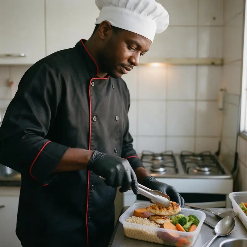 Cozinheiro negro de uniforme e luvas pretas põe frango grelhado numa marmita com arroz integral, batata-doce e brócolis