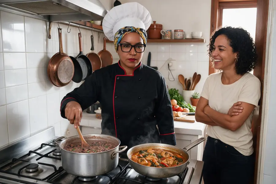 Cozinheira negra de uniforme mexe uma panela de feijão na cozinha de um apartamento, enquanto a cliente sorri na porta