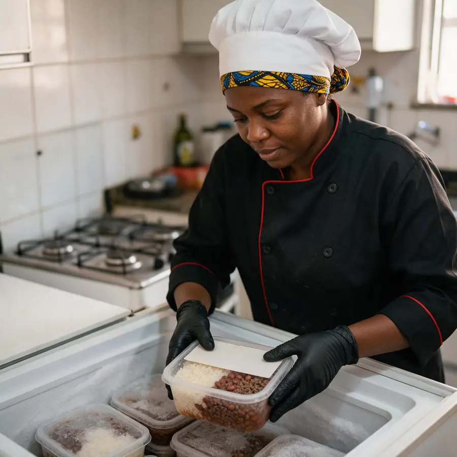 Cozinheira negra de uniforme e luvas pretas guarda uma marmita lacrada num freezer cheio de outras marmitas