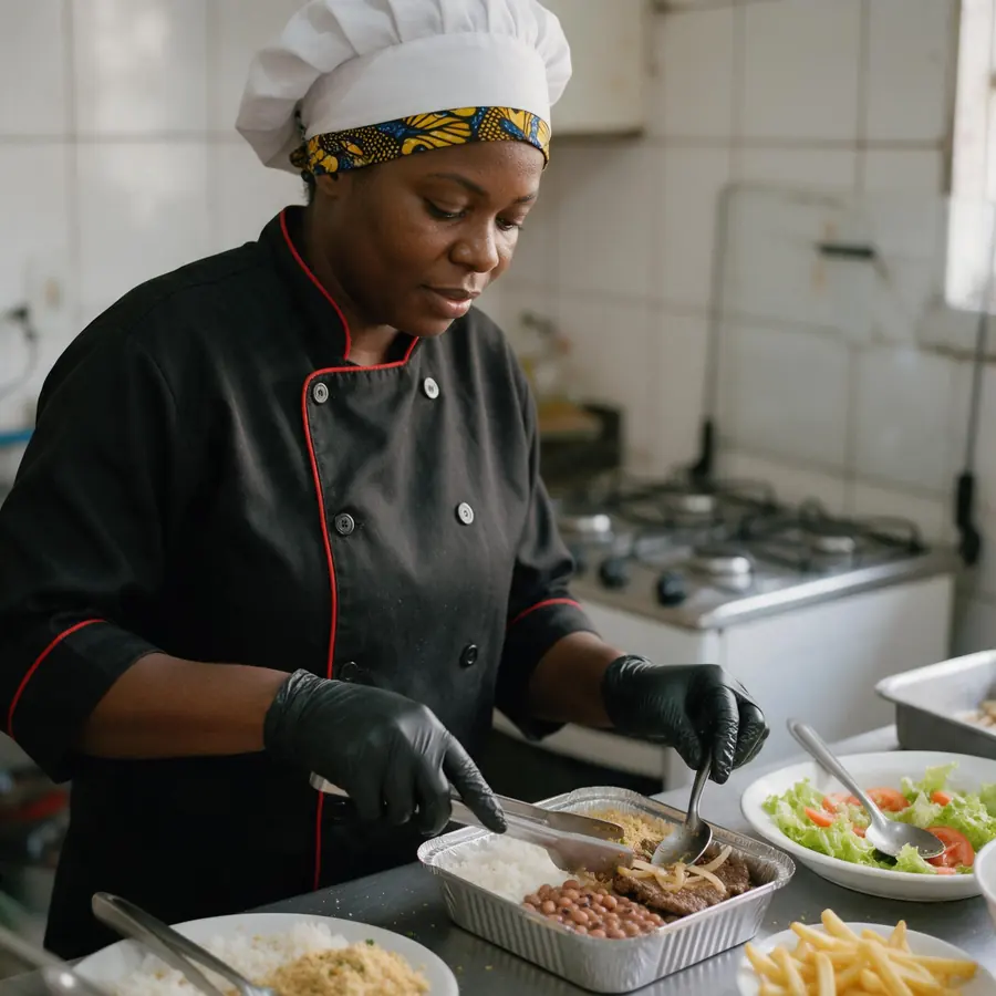 Cozinheira negra de uniforme monta marmitas de alumínio com pegador e luvas pretas: arroz, feijão, bife acebolado, farofa e salada